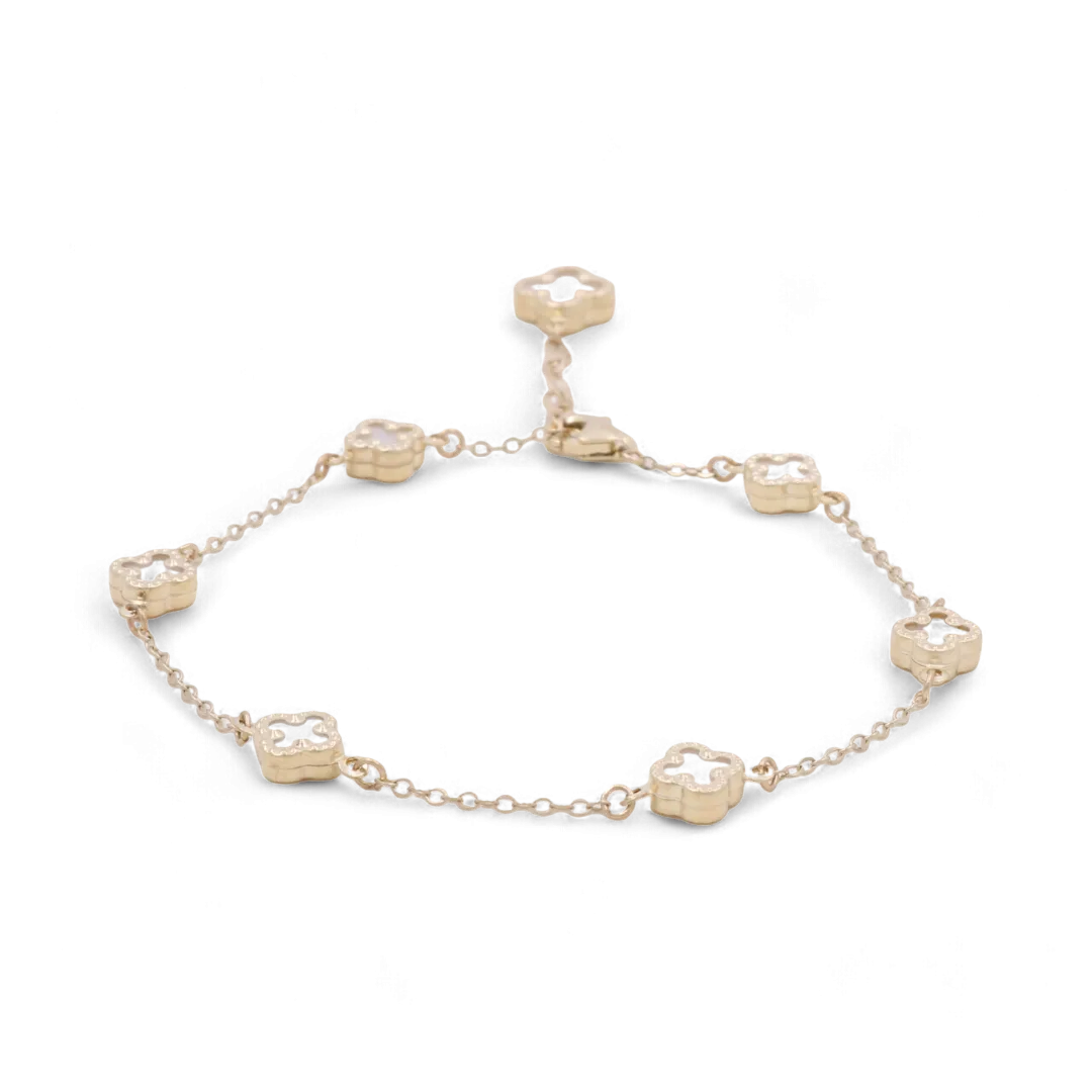 10K Yellow Gold Fashion 7 Flowers Mother of Pearl Bracelet