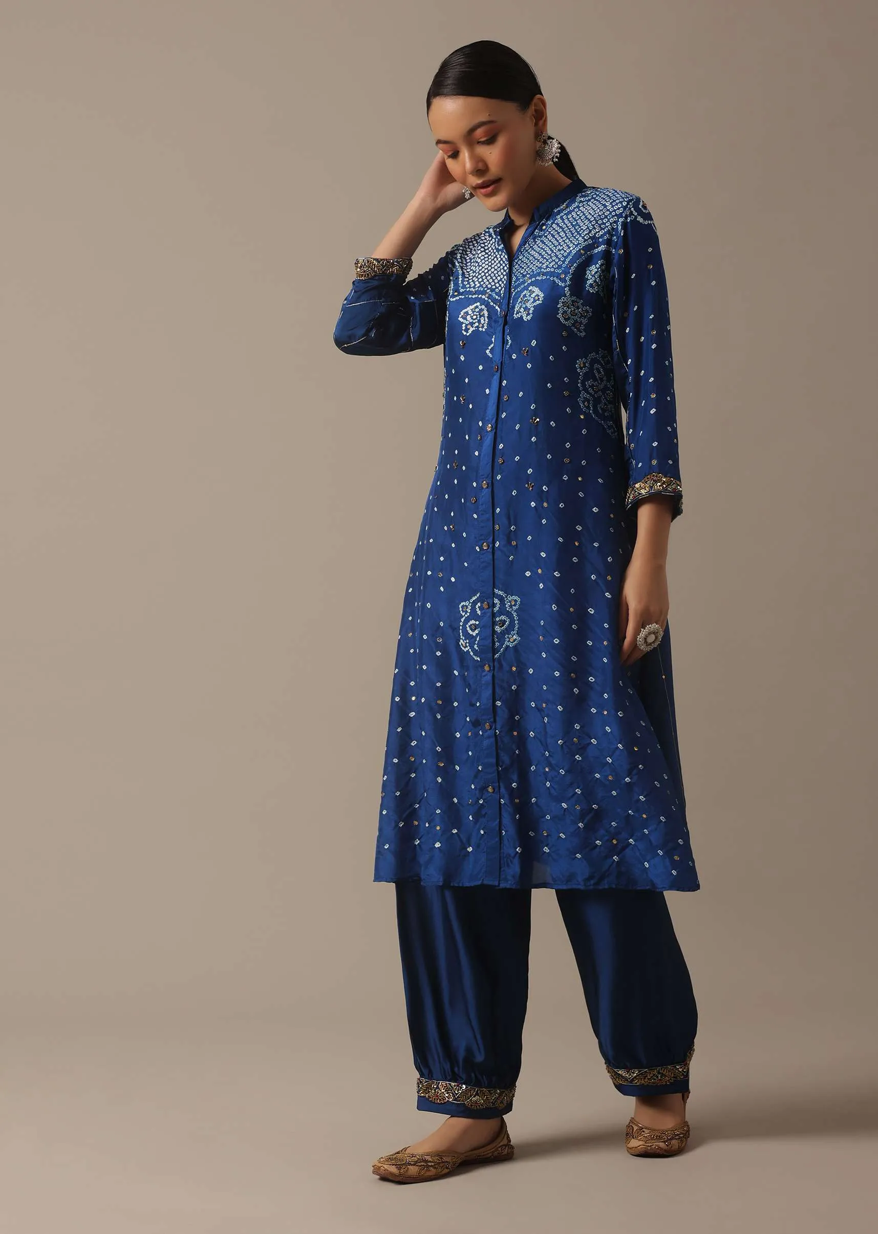 Blue Hand Dyed Bandhani Kurta Set In Silk