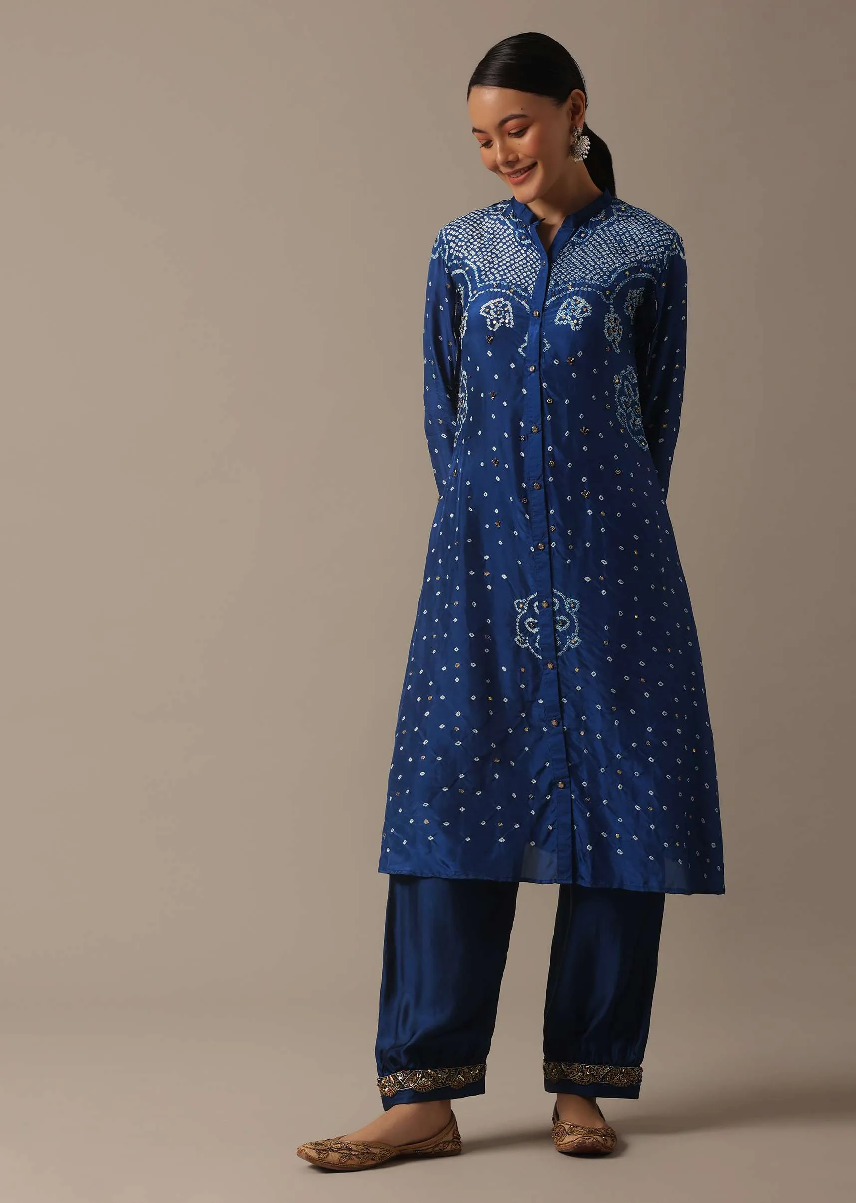 Blue Hand Dyed Bandhani Kurta Set In Silk