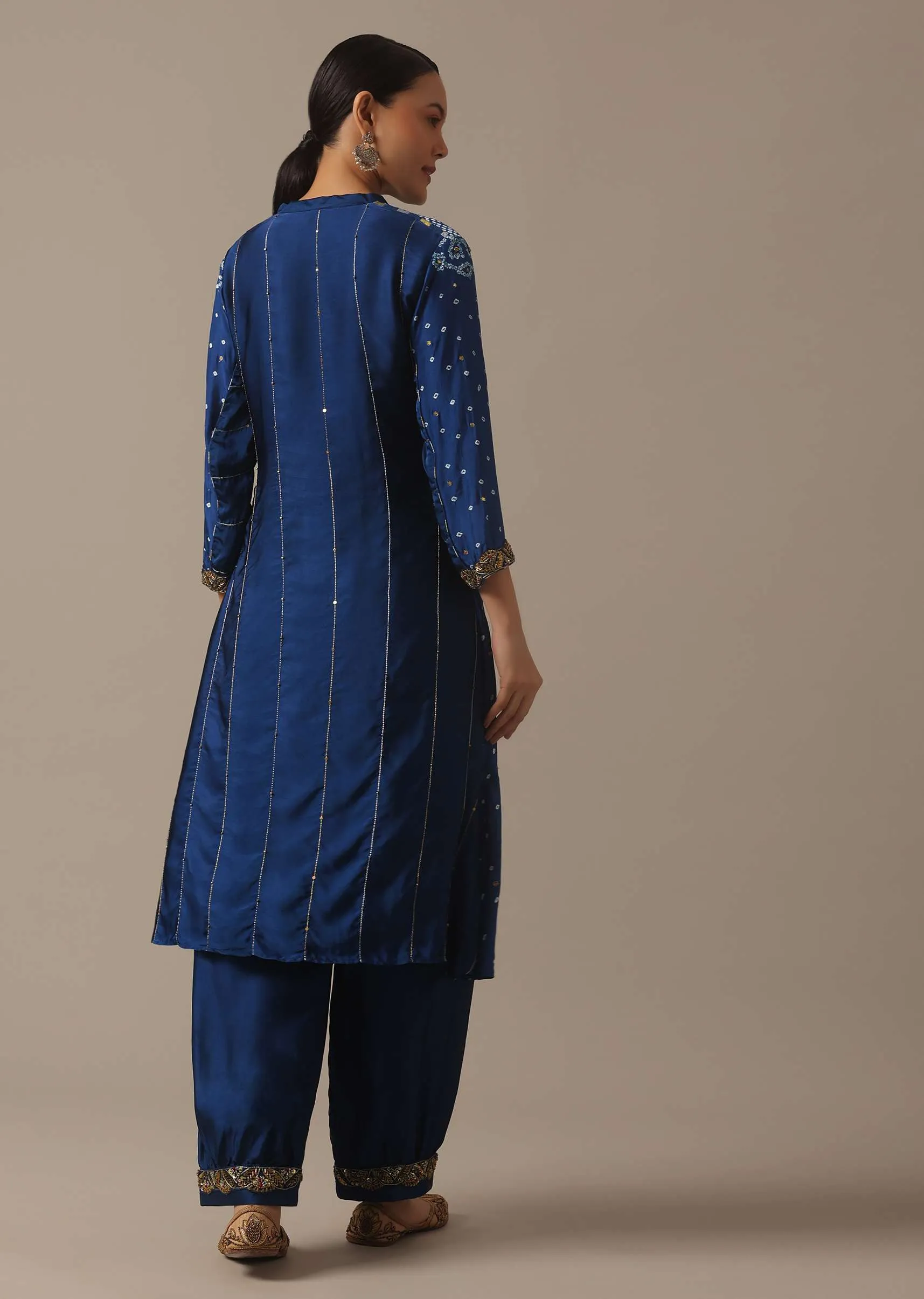 Blue Hand Dyed Bandhani Kurta Set In Silk