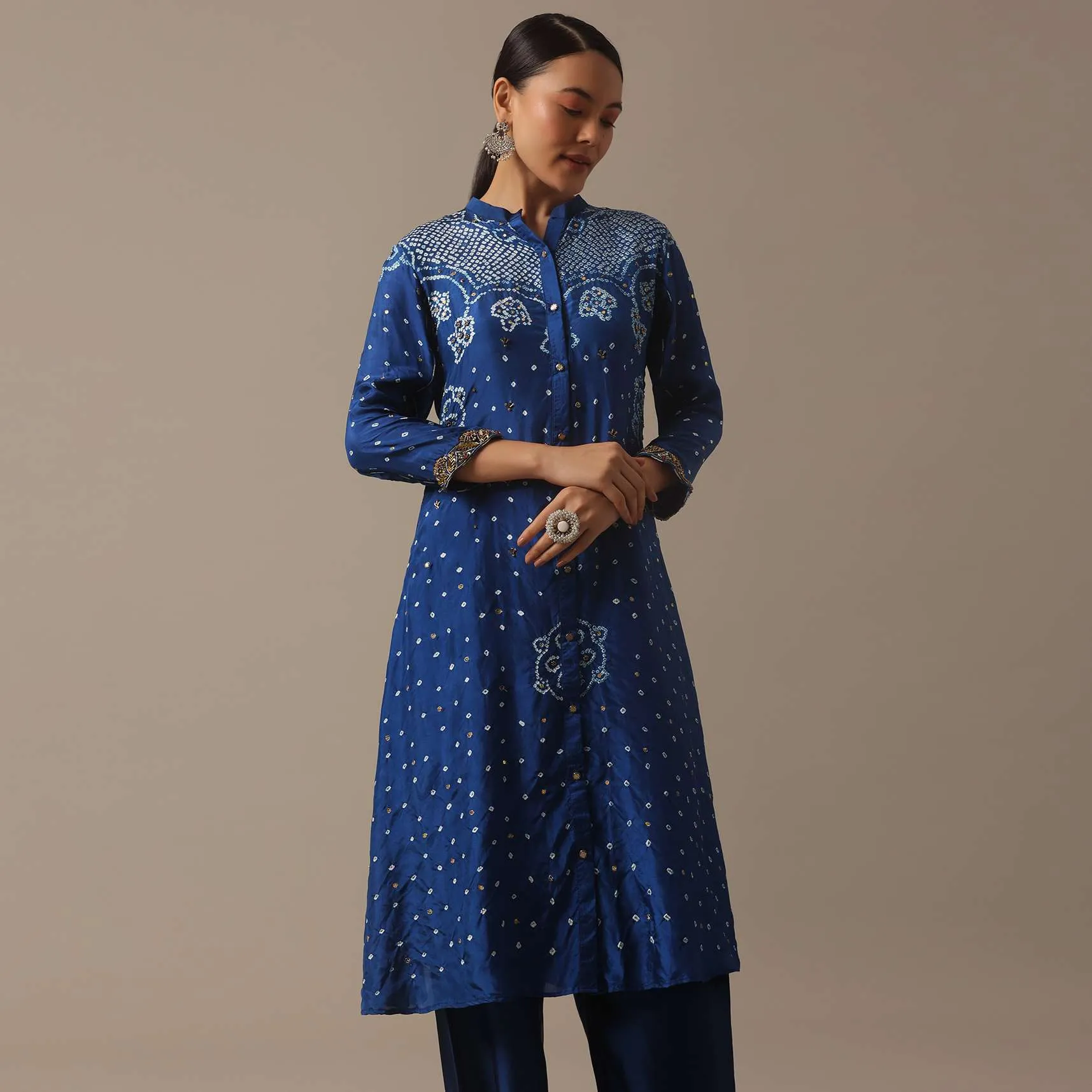 Blue Hand Dyed Bandhani Kurta Set In Silk