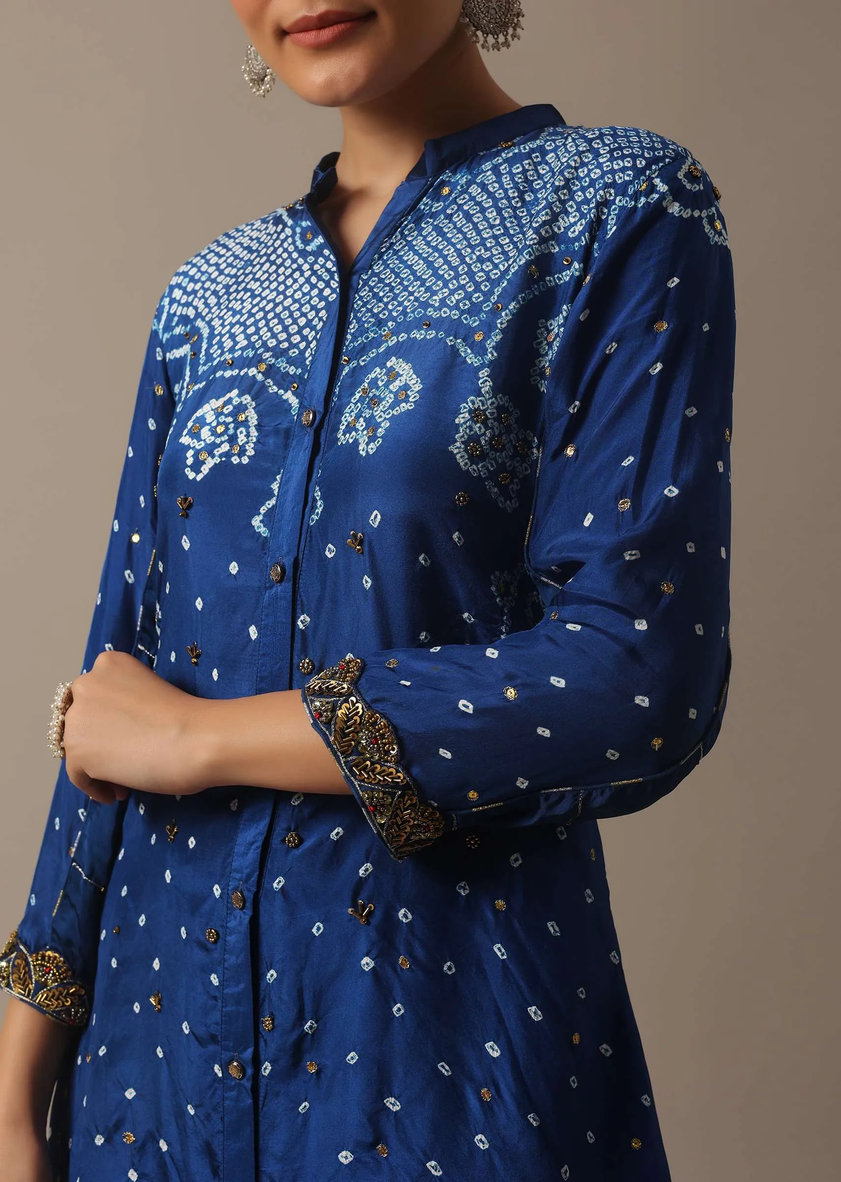 Blue Hand Dyed Bandhani Kurta Set In Silk