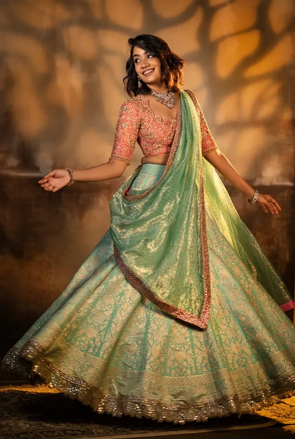 BRIDAL BANARAS LEHENGA IN MINT GREEN