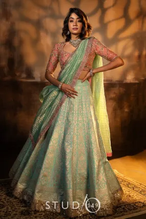 BRIDAL BANARAS LEHENGA IN MINT GREEN