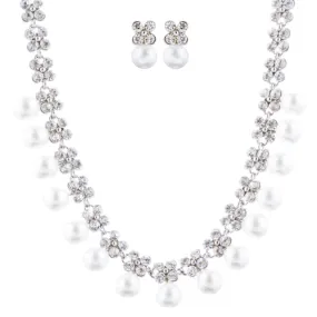 Bridal Wedding Jewelry Rhinestone Pearl Lovely Dangles Necklace Set J706 Silver