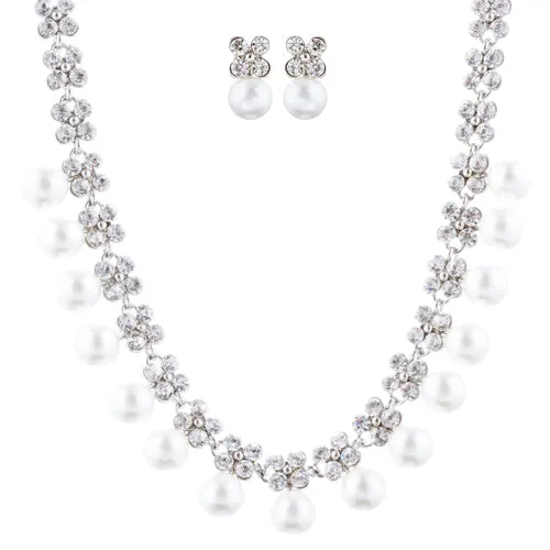 Bridal Wedding Jewelry Rhinestone Pearl Lovely Dangles Necklace Set J706 Silver