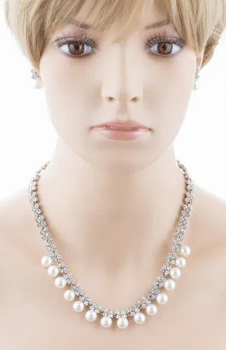 Bridal Wedding Jewelry Rhinestone Pearl Lovely Dangles Necklace Set J706 Silver