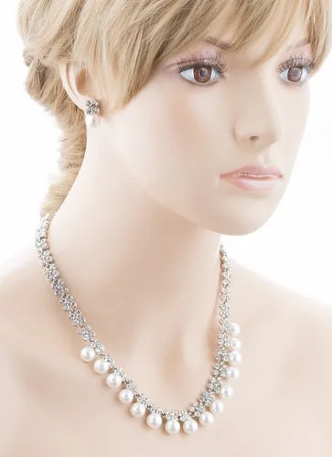 Bridal Wedding Jewelry Rhinestone Pearl Lovely Dangles Necklace Set J706 Silver
