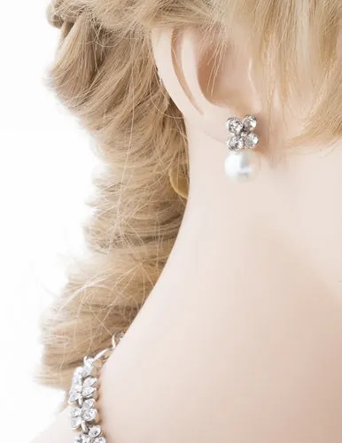 Bridal Wedding Jewelry Rhinestone Pearl Lovely Dangles Necklace Set J706 Silver
