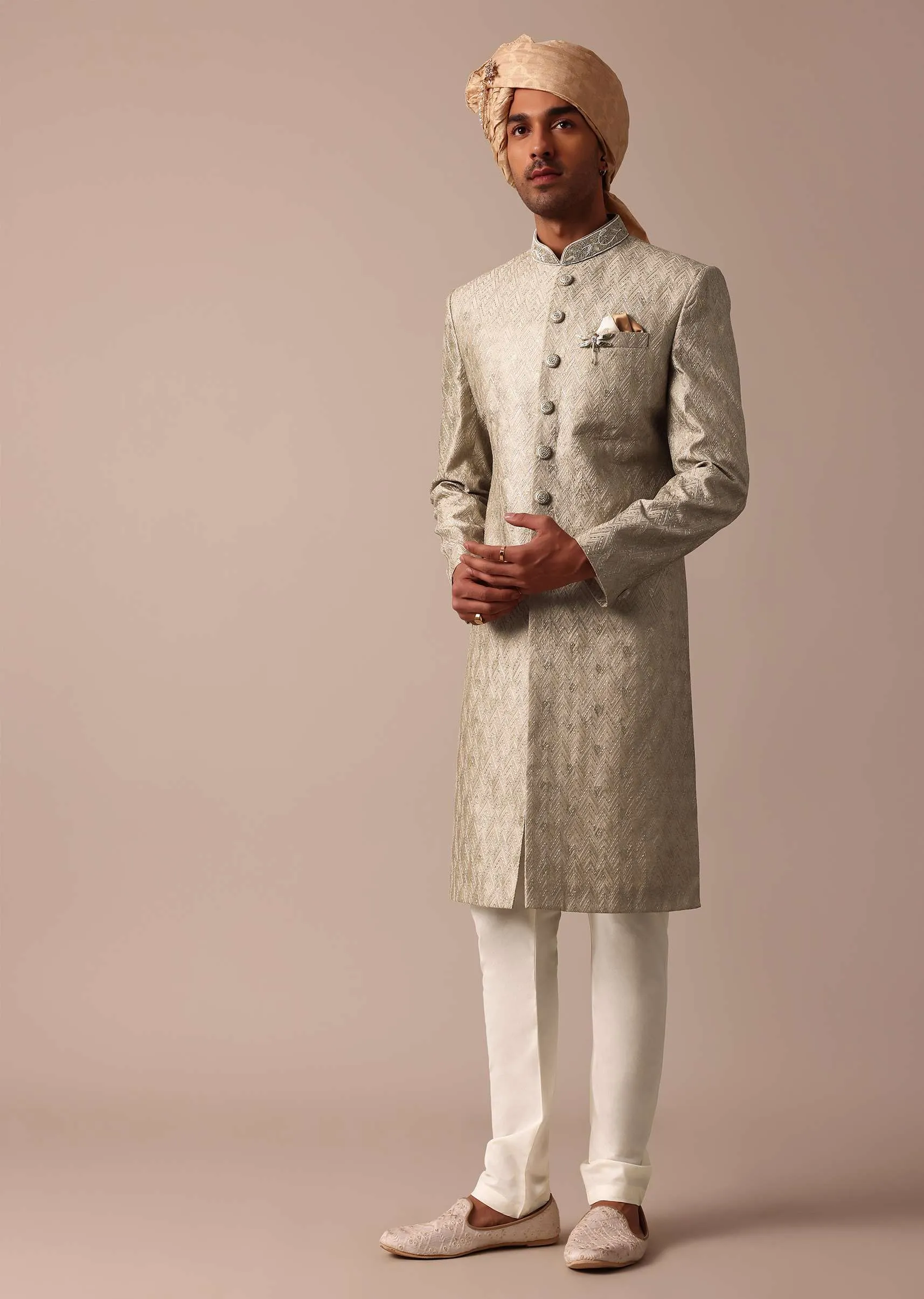 Elegant Green Banarasi Silk Sherwani Set