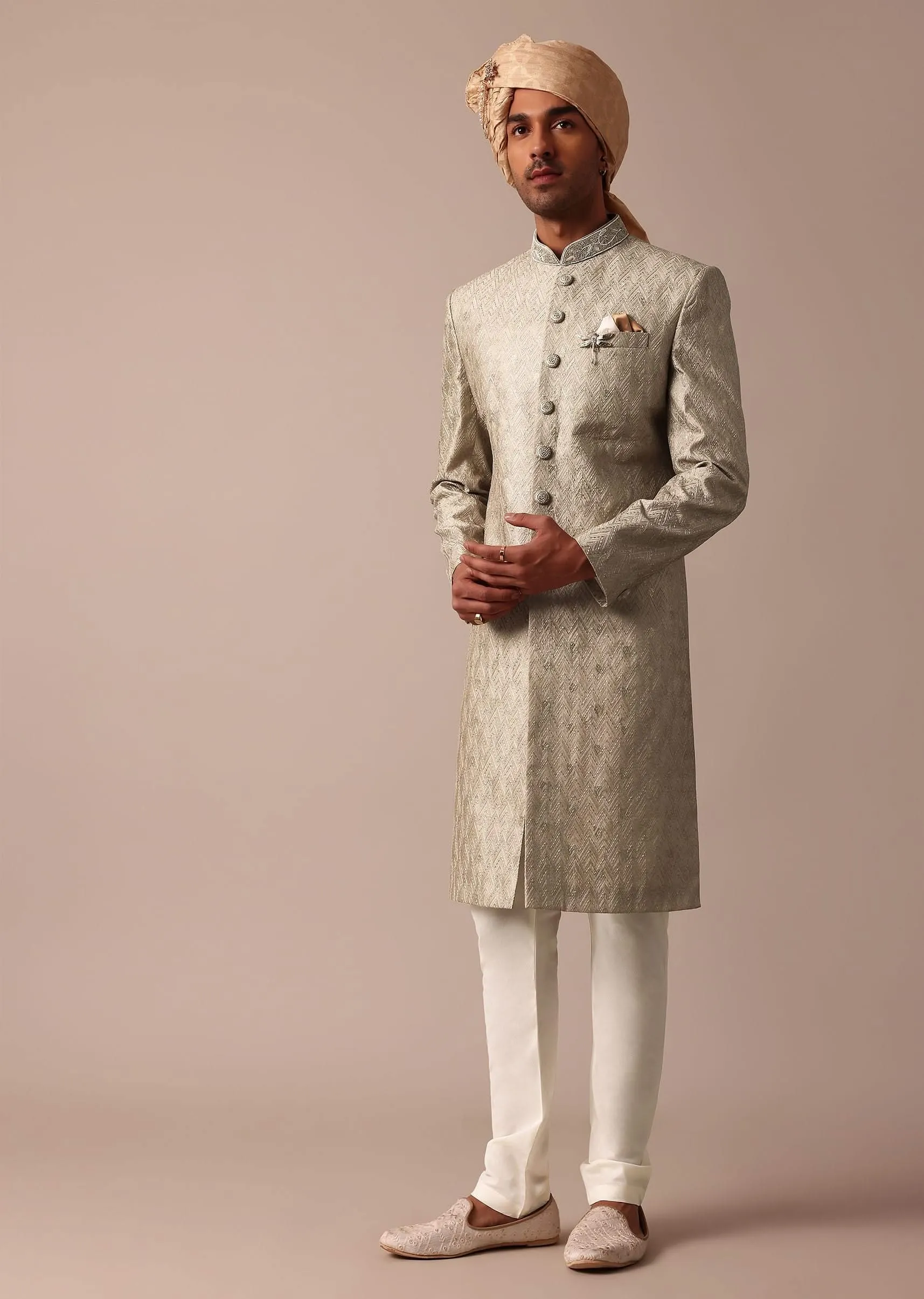 Elegant Green Banarasi Silk Sherwani Set