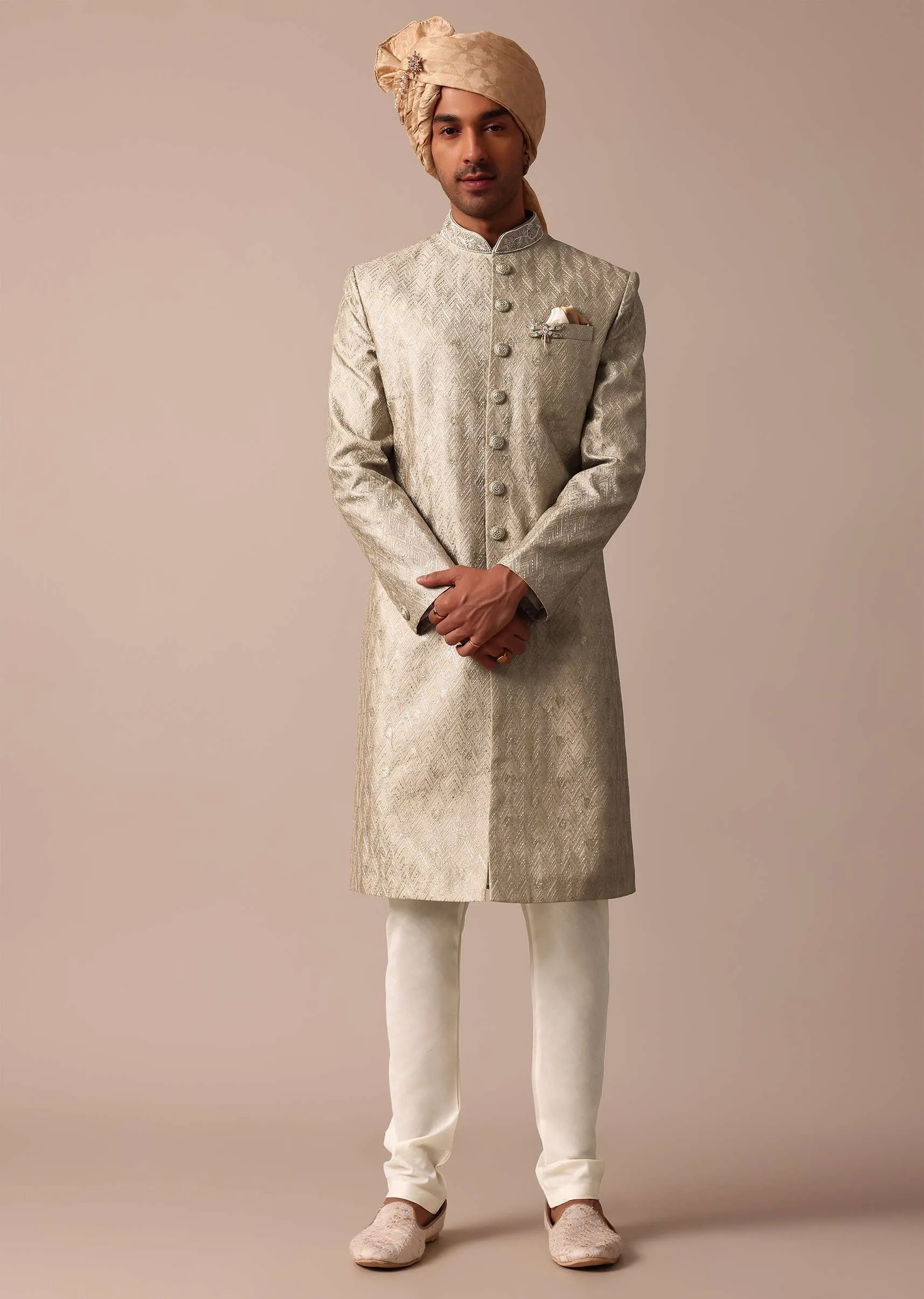 Elegant Green Banarasi Silk Sherwani Set