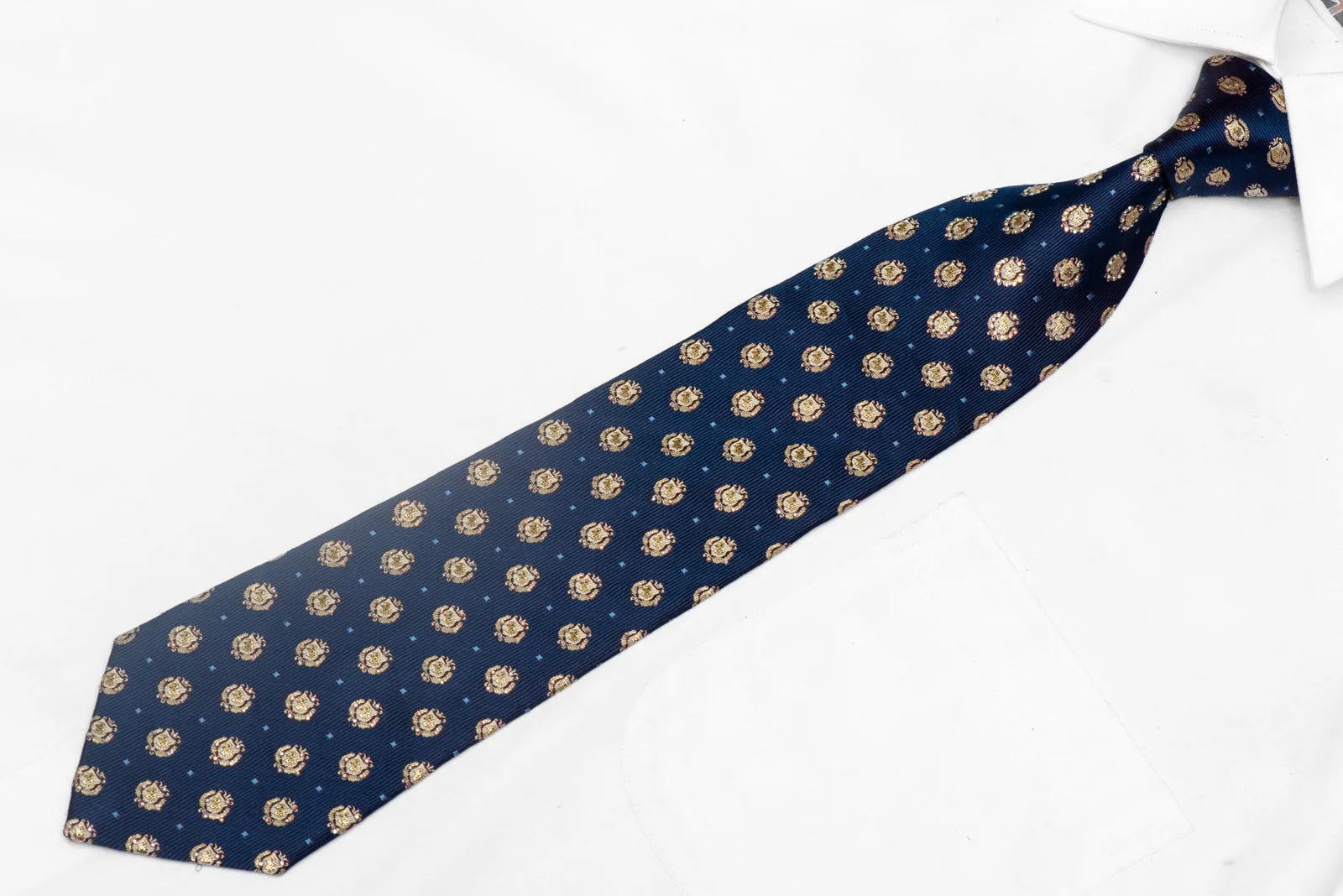 Gold Emblem On Navy Blue Rhinestone Silk Necktie With Gold Sparkles