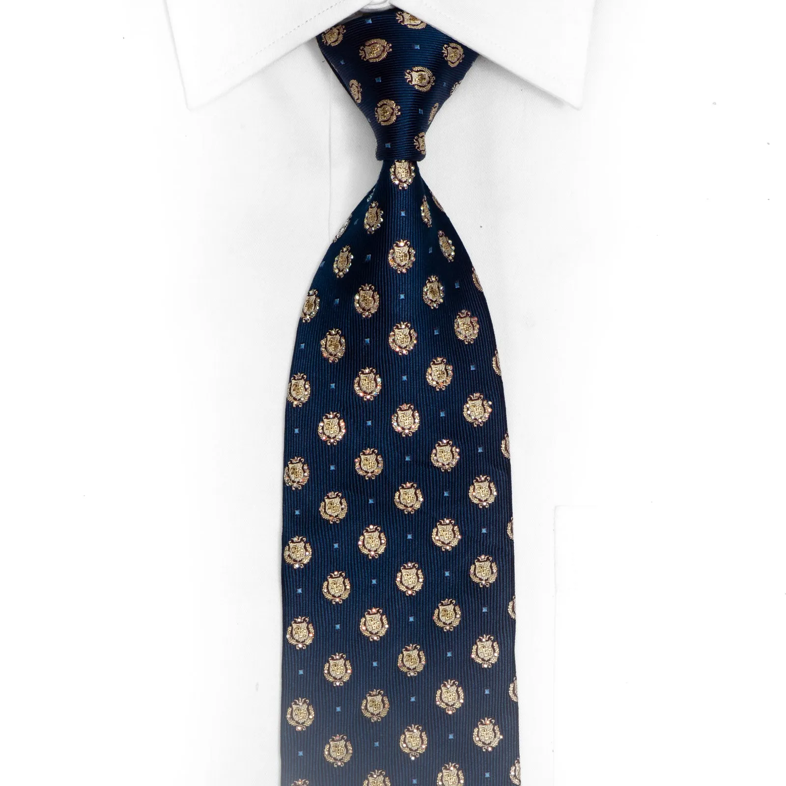 Gold Emblem On Navy Blue Rhinestone Silk Necktie With Gold Sparkles