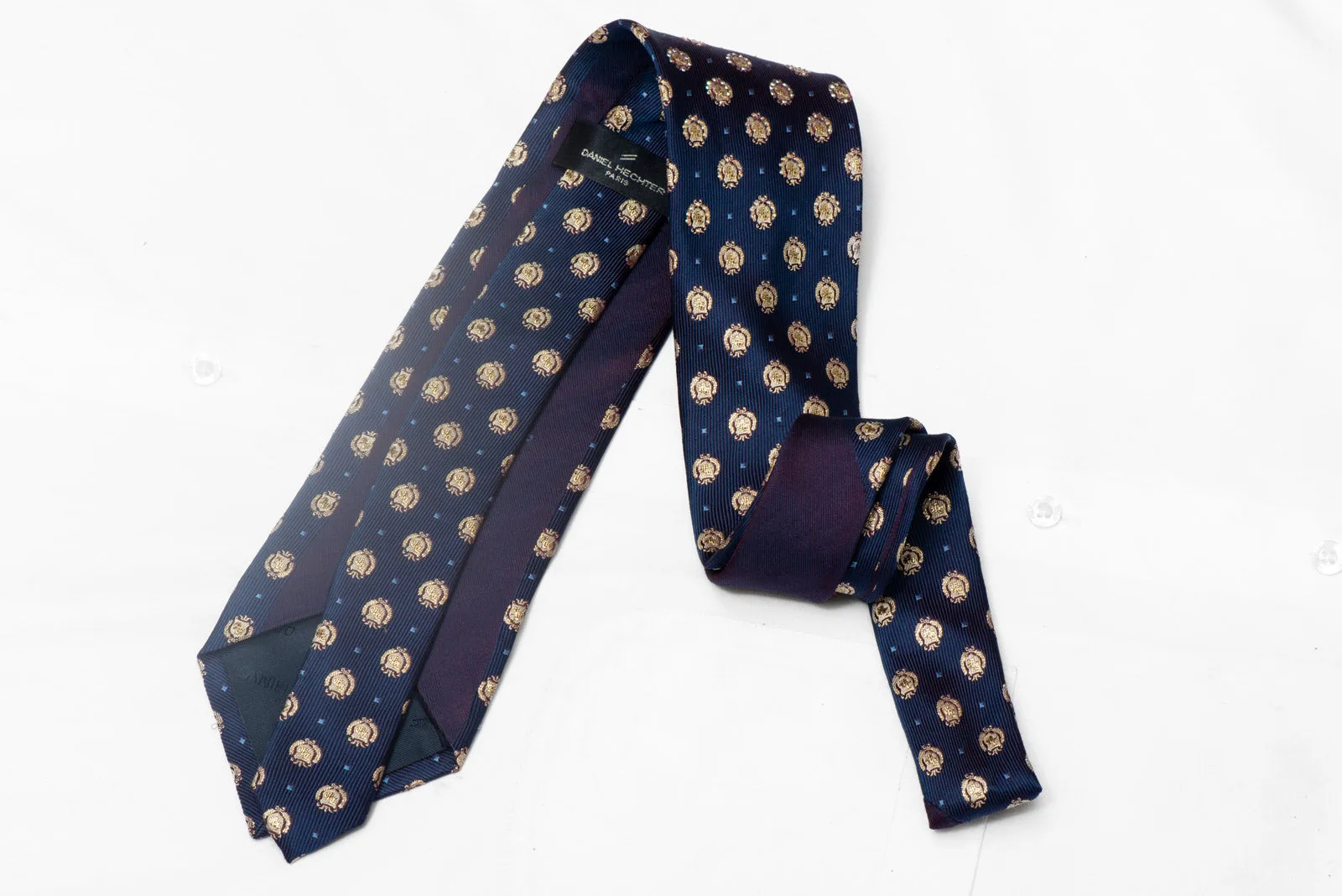 Gold Emblem On Navy Blue Rhinestone Silk Necktie With Gold Sparkles