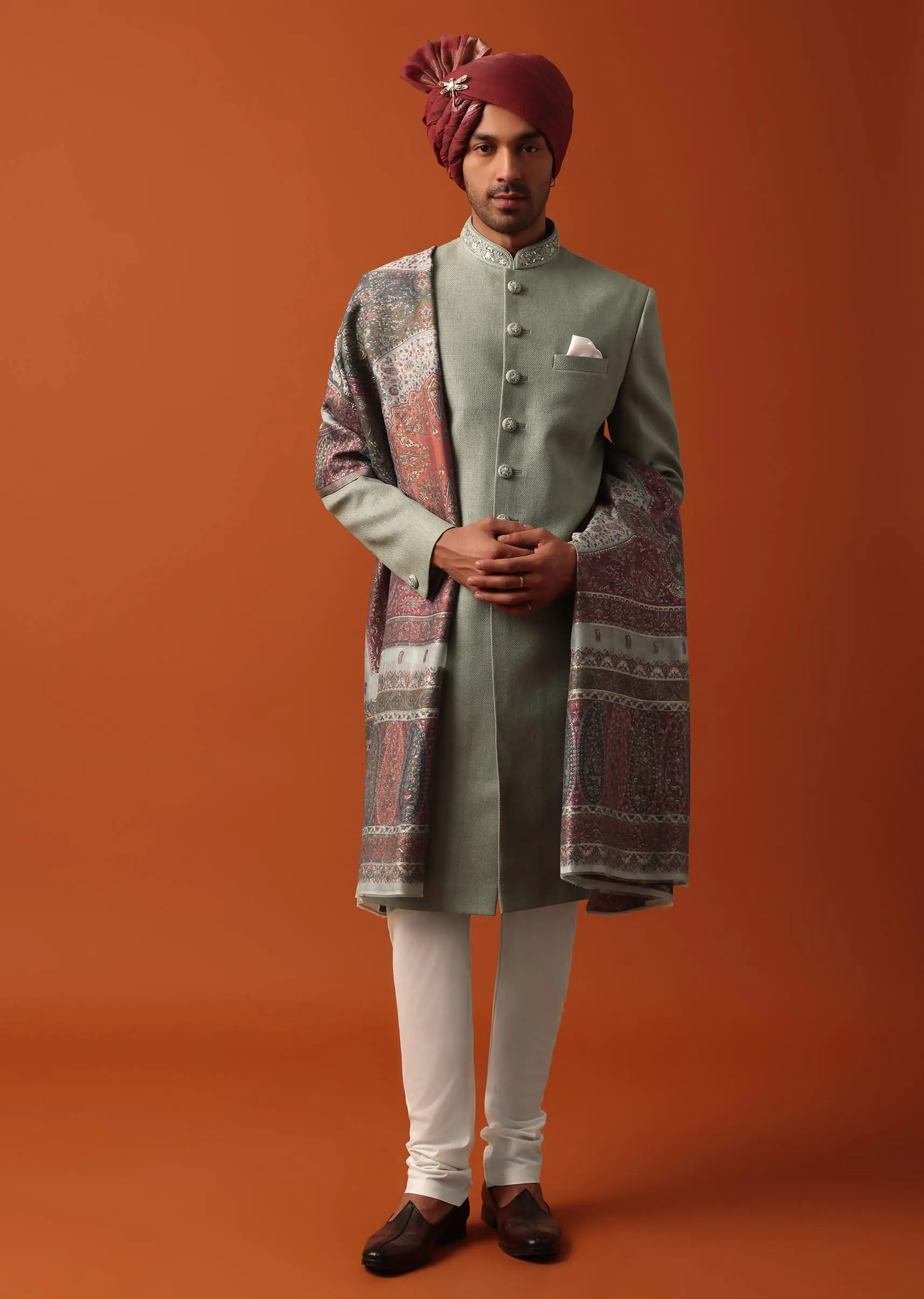 Green Sherwani Set Featuring Exquisite Neckline Embroidery With A Pashmina Dupatta