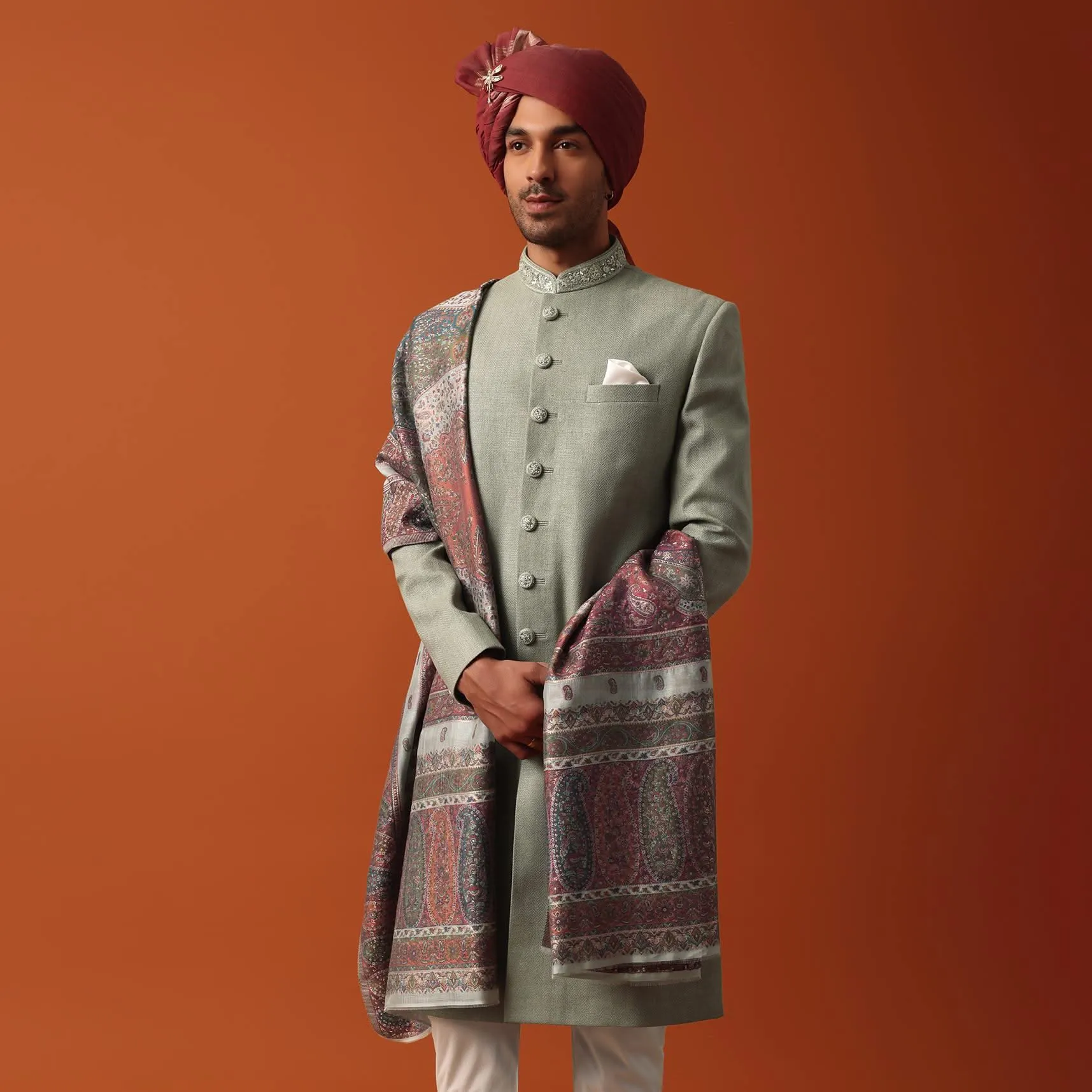 Green Sherwani Set Featuring Exquisite Neckline Embroidery With A Pashmina Dupatta
