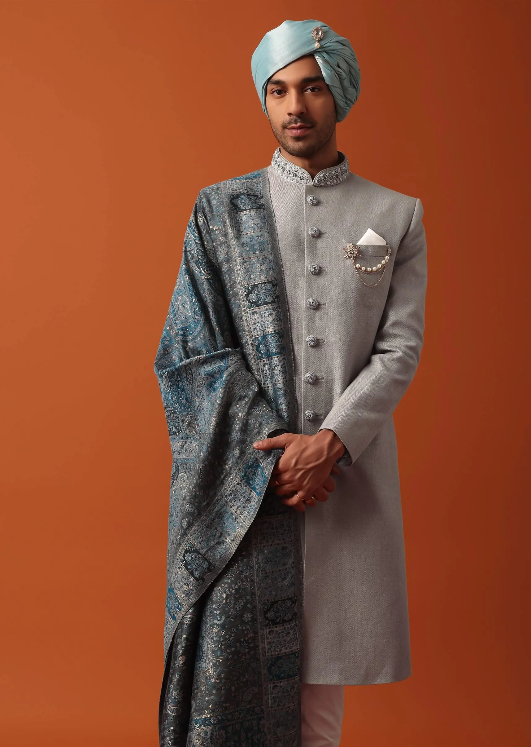 Grey Neckline Embroidered Sherwani Set With Pashmina Dupatta