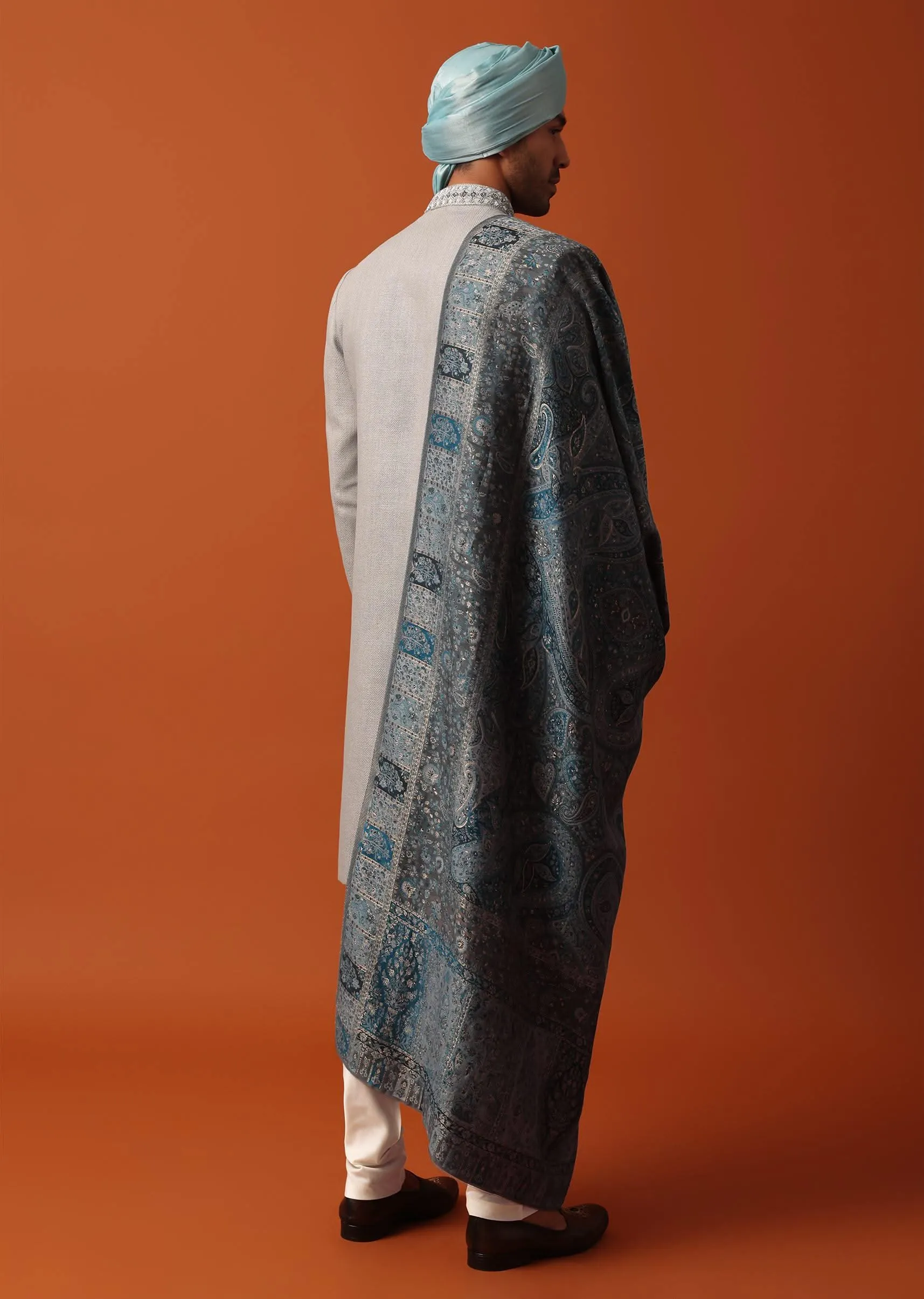 Grey Neckline Embroidered Sherwani Set With Pashmina Dupatta