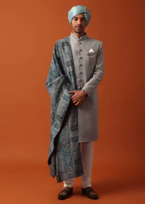 Grey Neckline Embroidered Sherwani Set With Pashmina Dupatta