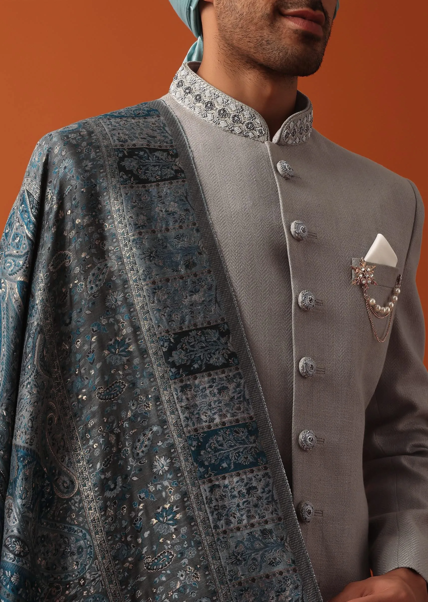 Grey Neckline Embroidered Sherwani Set With Pashmina Dupatta