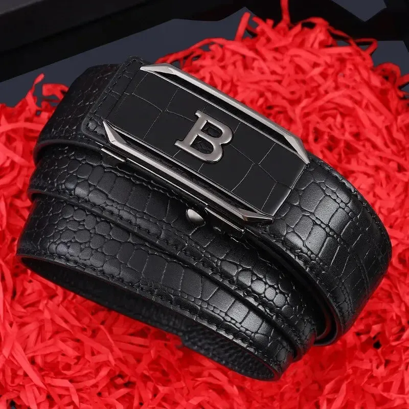 Men Leather Belt Crocodile Pattern Automatic Buckle Fashionable Versatile Waist Belt Middle-aged Casual Business 120cm