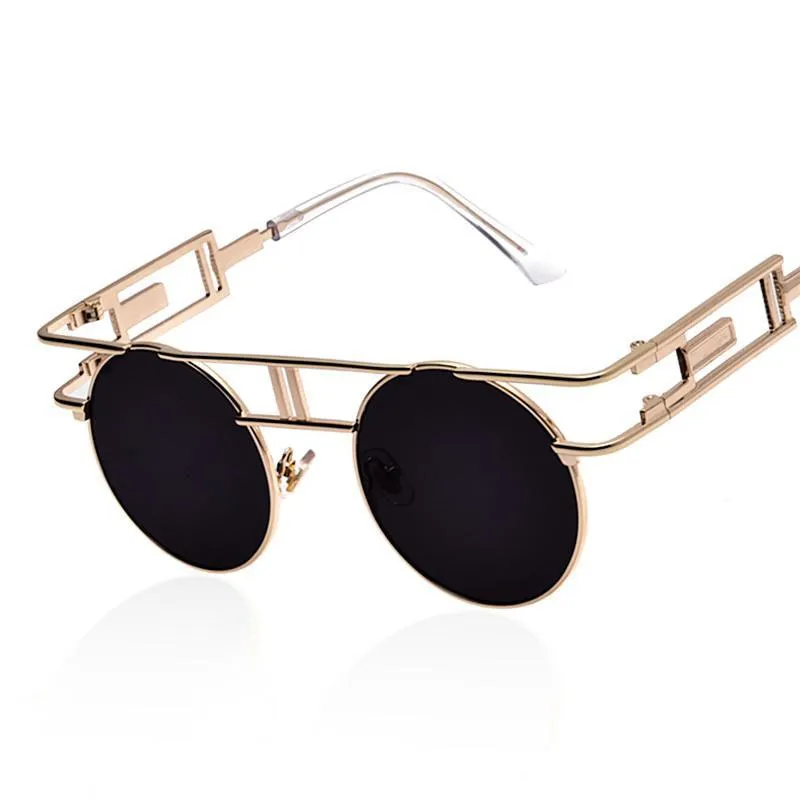 Rectangular Geometric Metal Frame Round Sunglasses