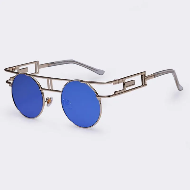 Rectangular Geometric Metal Frame Round Sunglasses