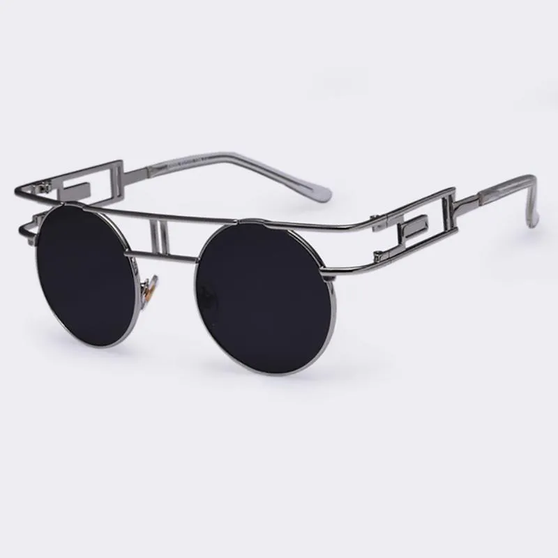 Rectangular Geometric Metal Frame Round Sunglasses