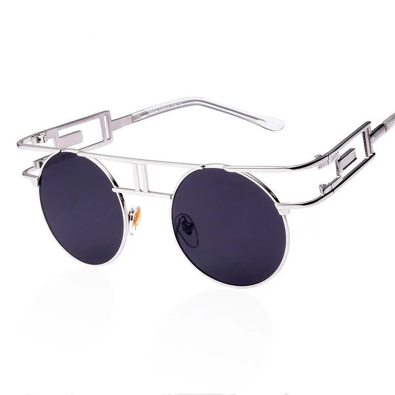 Rectangular Geometric Metal Frame Round Sunglasses