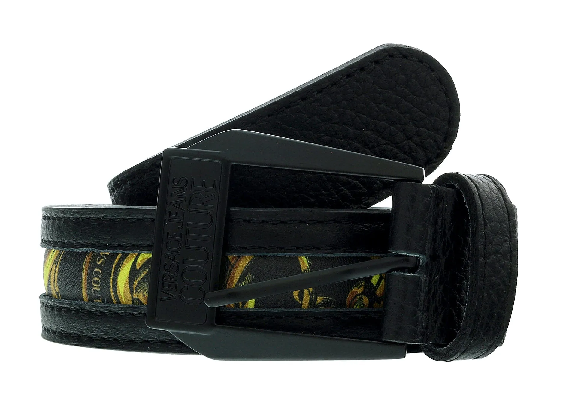 Versace Jeans Couture Black/Gold Leather Baroque Insert Trim Signature Classic Buckle-Adjustable Belt