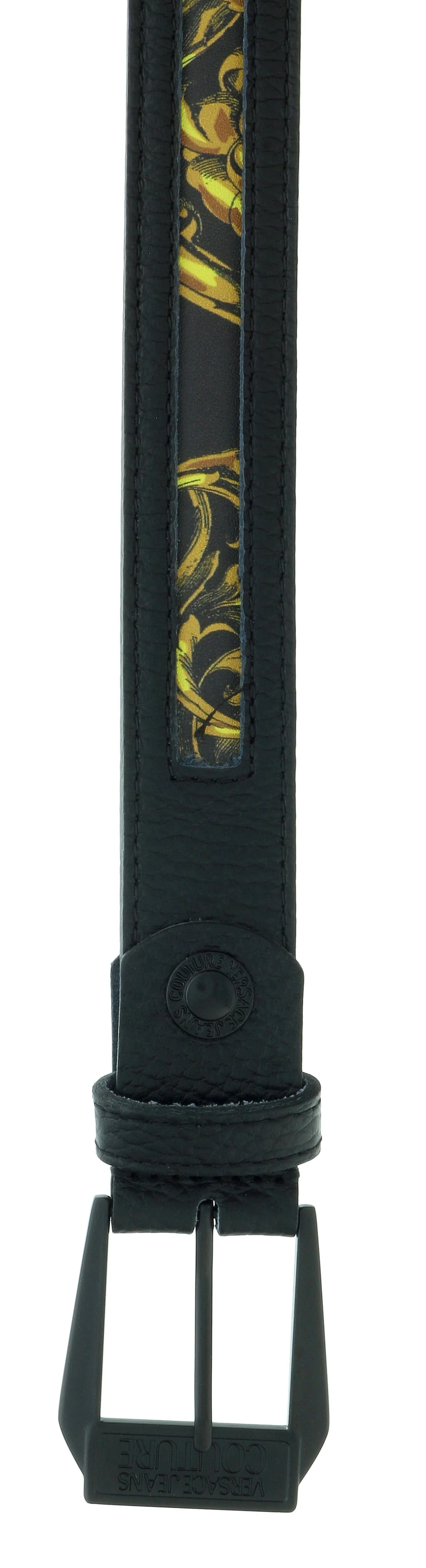 Versace Jeans Couture Black/Gold Leather Baroque Insert Trim Signature Classic Buckle-Adjustable Belt