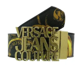 Versace Jeans Couture Black/Gold Leather Baroque Print Signature Buckle-Adjustable Reversible Belt