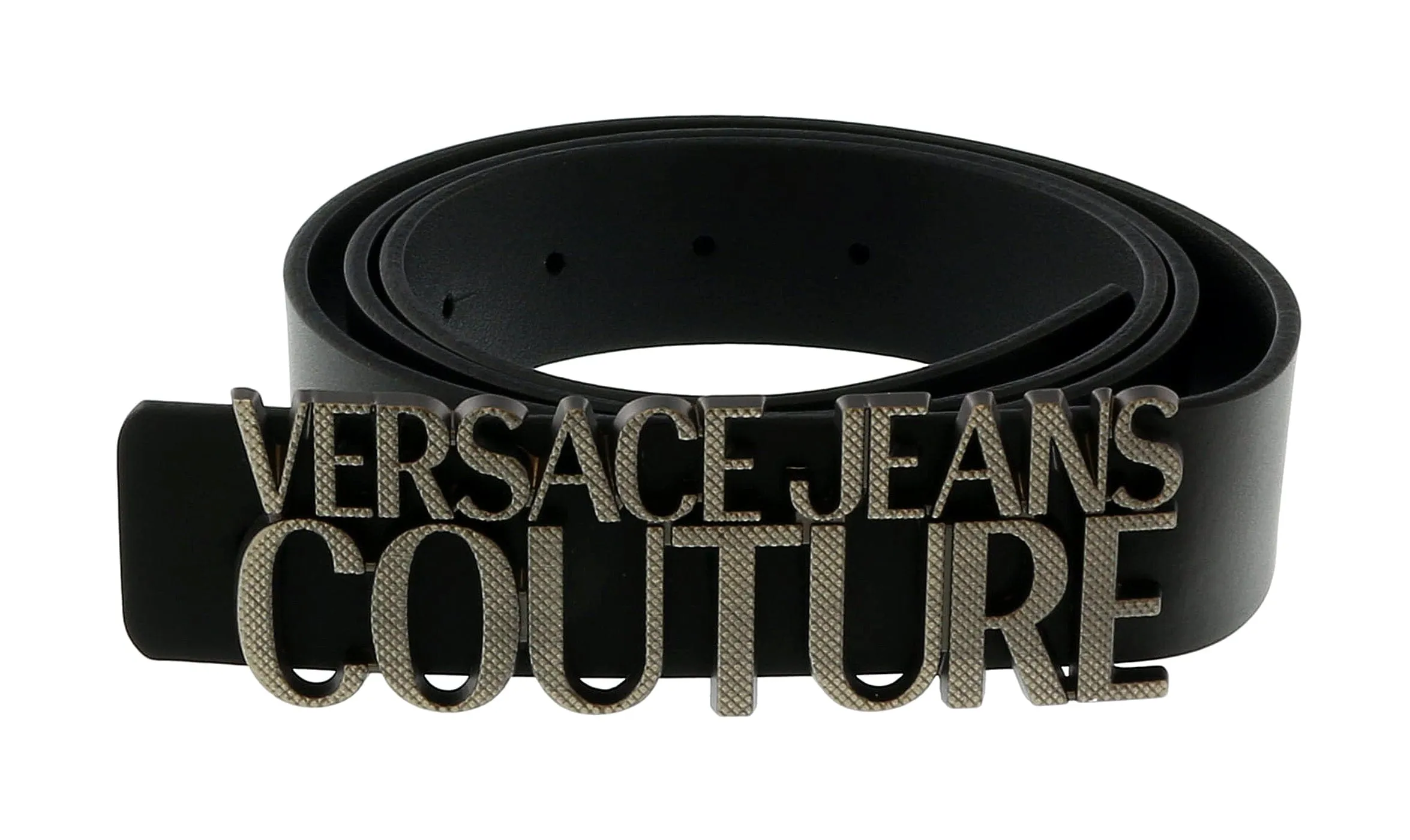 Versace Jeans Couture Black/Old Brushed Nickel Lettering Buckle Leather Belt