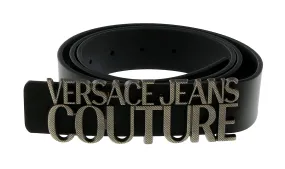 Versace Jeans Couture Black/Old Brushed Nickel Lettering Buckle Leather Belt